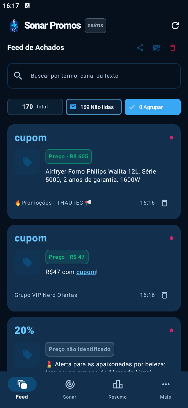 Tela real do Sonar Promos: feed de achados com preços destacados e fontes monitoradas